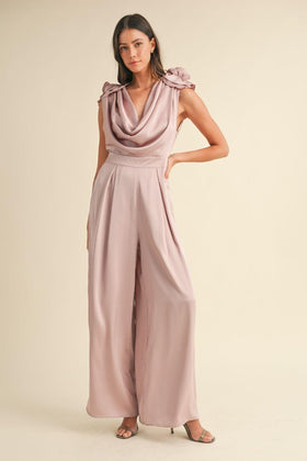 3D Floral Applique Deep Cowl Neck Jumpsuit – Elegant